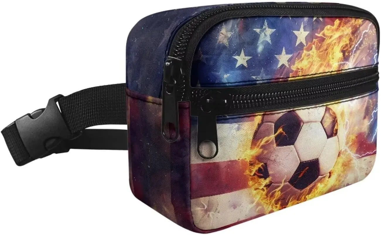Cozeyat American Flag Fire Soccer Kids Fanny Pack for Toddler Boys Small Belt Bag Crossbody Sling Bag Waist Pack for Runing Hiking Camping Traveling