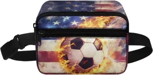 Cozeyat American Flag Fire Soccer Kids Fanny Pack for Toddler Boys Small Belt Bag Crossbody Sling Bag Waist Pack for Runing Hiking Camping Traveling