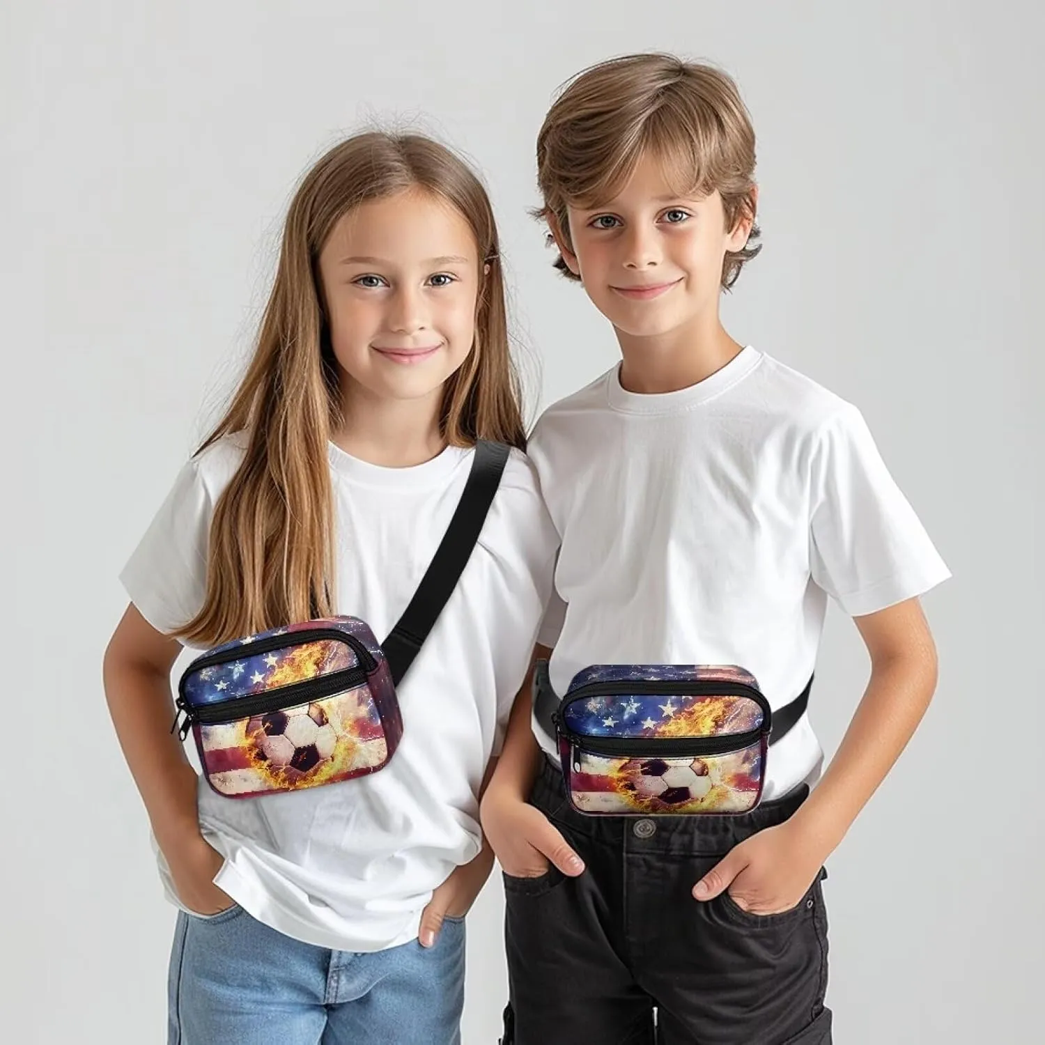 Cozeyat American Flag Fire Soccer Kids Fanny Pack for Toddler Boys Small Belt Bag Crossbody Sling Bag Waist Pack for Runing Hiking Camping Traveling