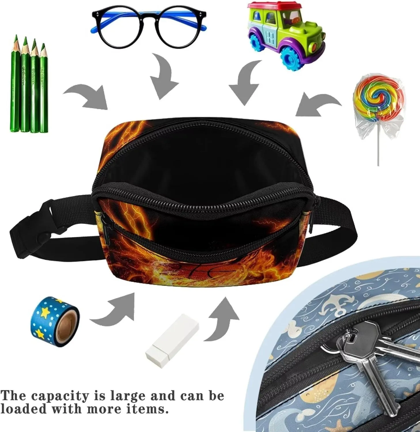 Cozeyat Fire Basketball Kids Fanny Pack for Toddler Boys Small Belt Bag Crossbody Sling Bag Waist Pack for Runing Hiking Camping Traveling