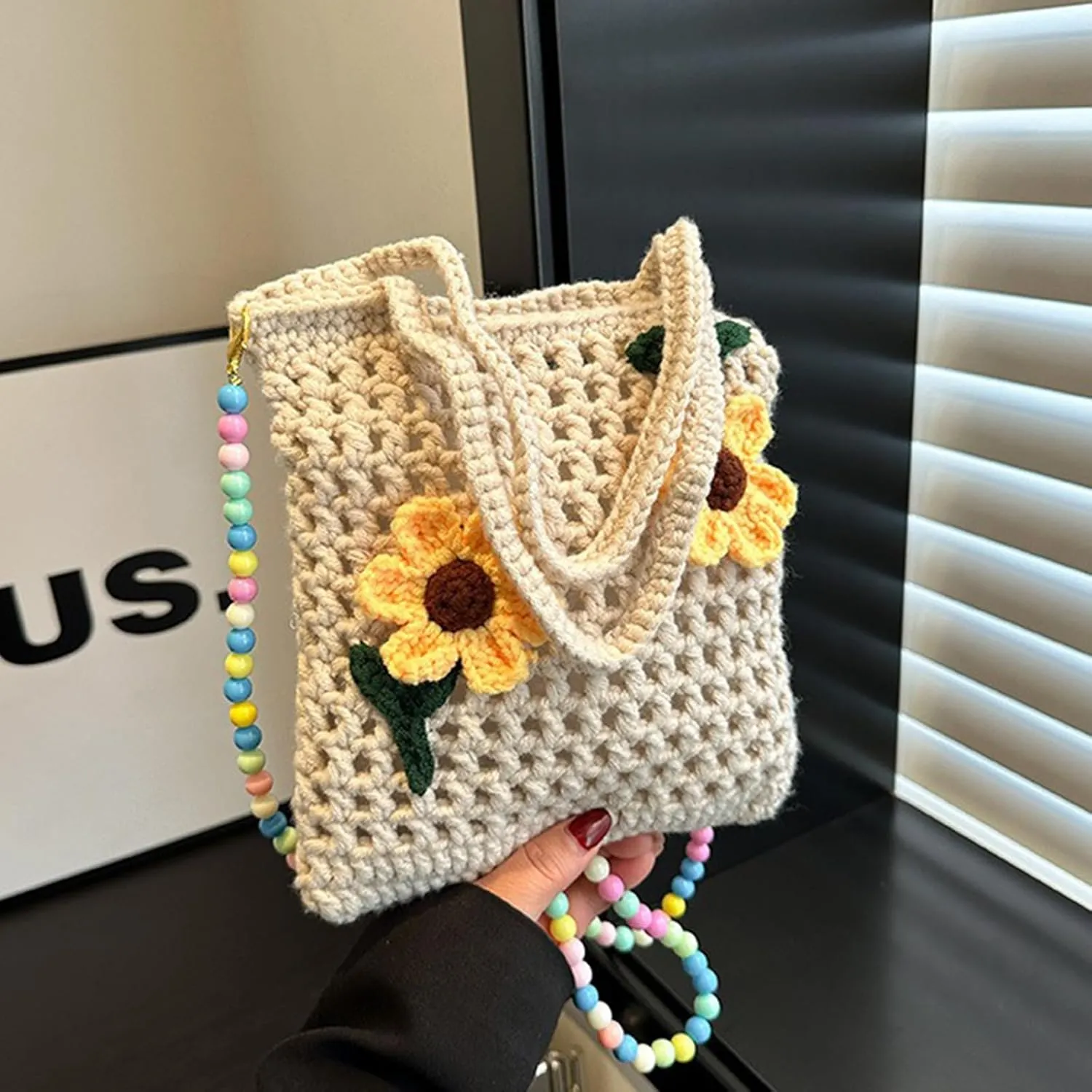 Crochet Purse Tote Bag Colorful Beaded Shoulder Colorful Beaded Strap Purse Strap Boho Knitted Handle Bag with Women