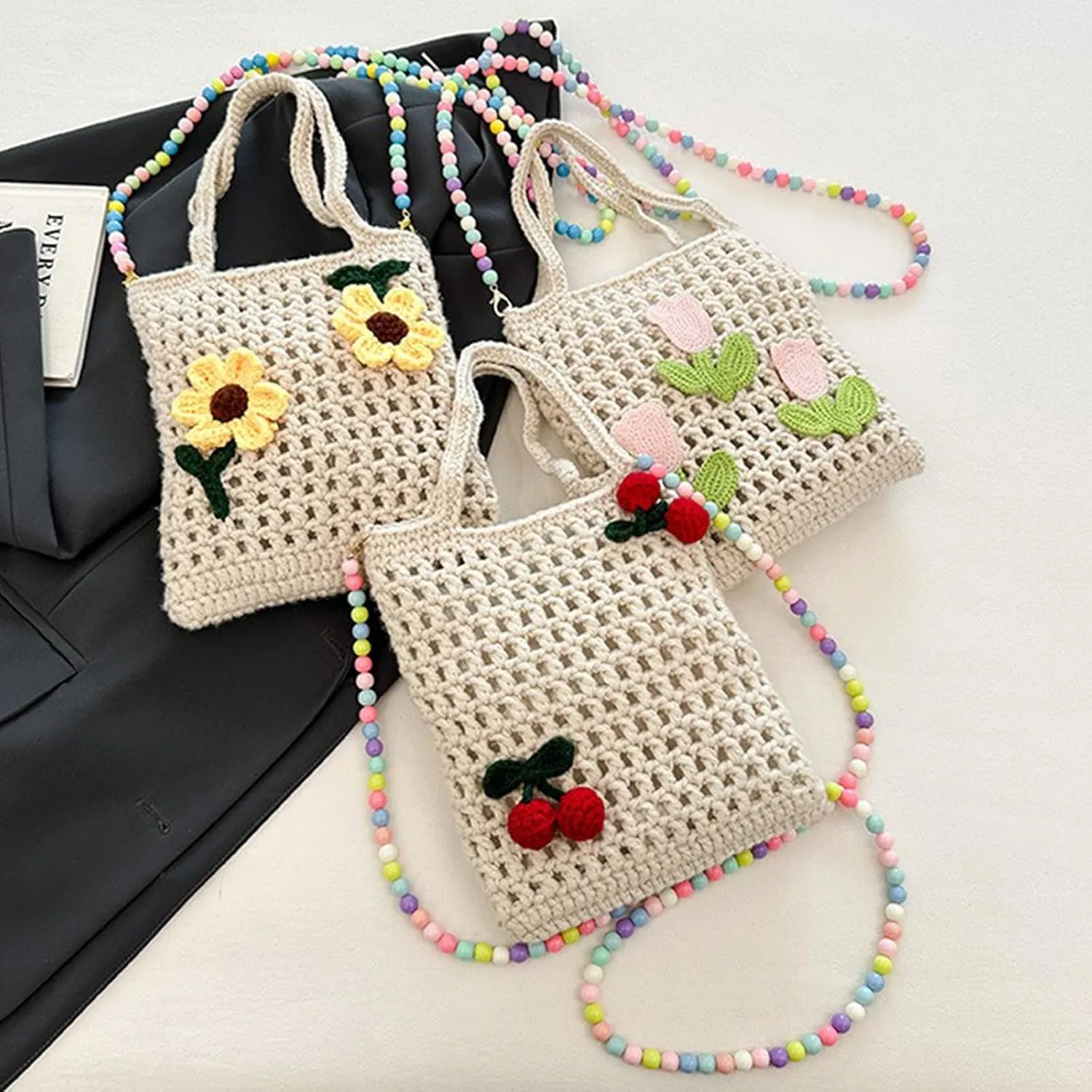 Crochet Purse Tote Bag Colorful Beaded Shoulder Colorful Beaded Strap Purse Strap Boho Knitted Handle Bag with Women