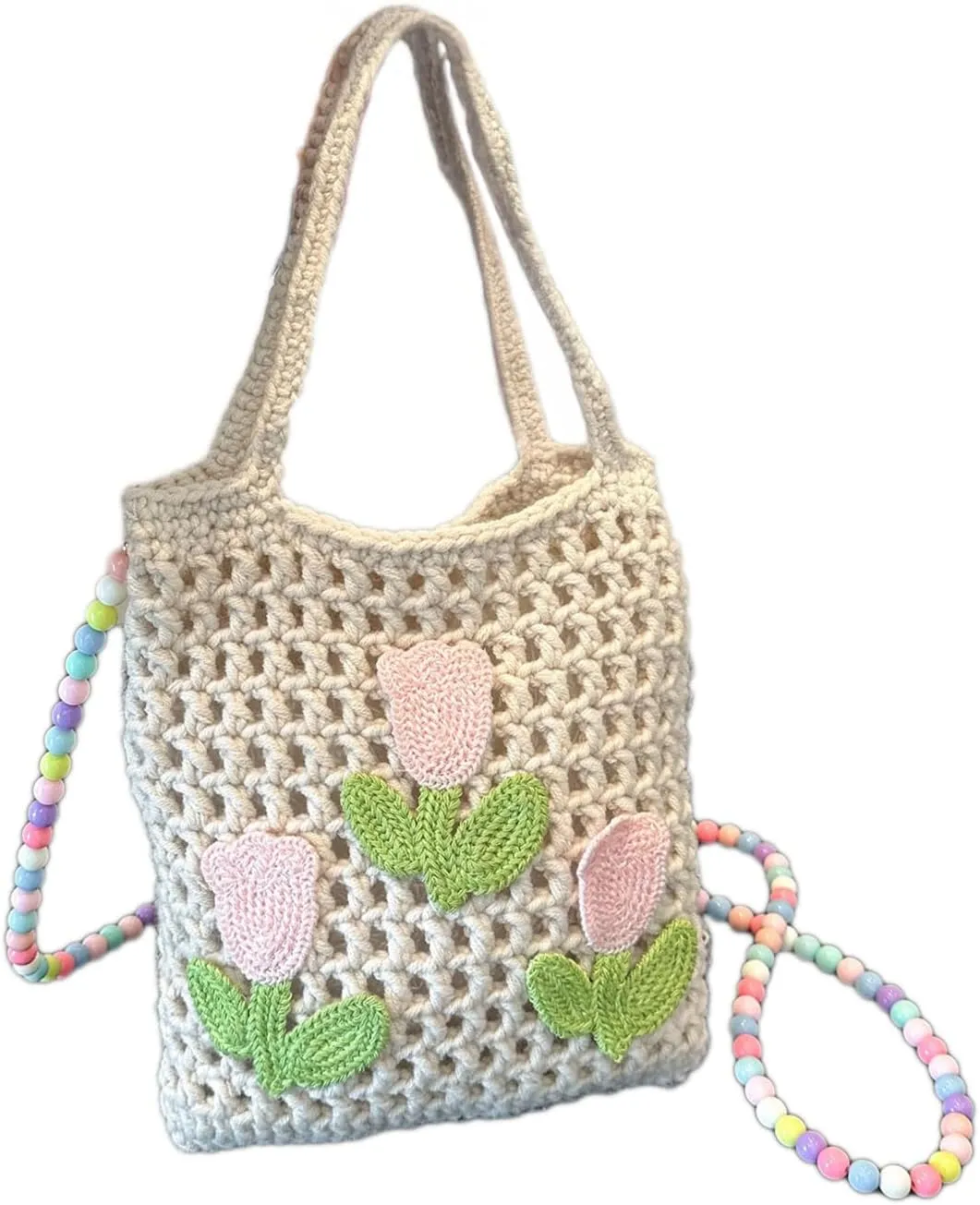 Crochet Purse Tote Bag Colorful Beaded Shoulder Colorful Beaded Strap Purse Strap Boho Knitted Handle Bag with Women