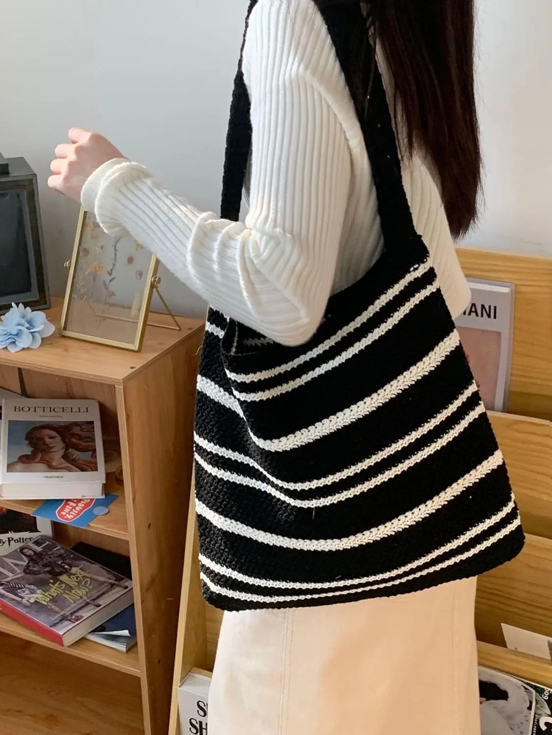 Crochet Tote Bag for Women, Stripe Aesthetic Knitted Tote Bag Shoulder Bag Handbag