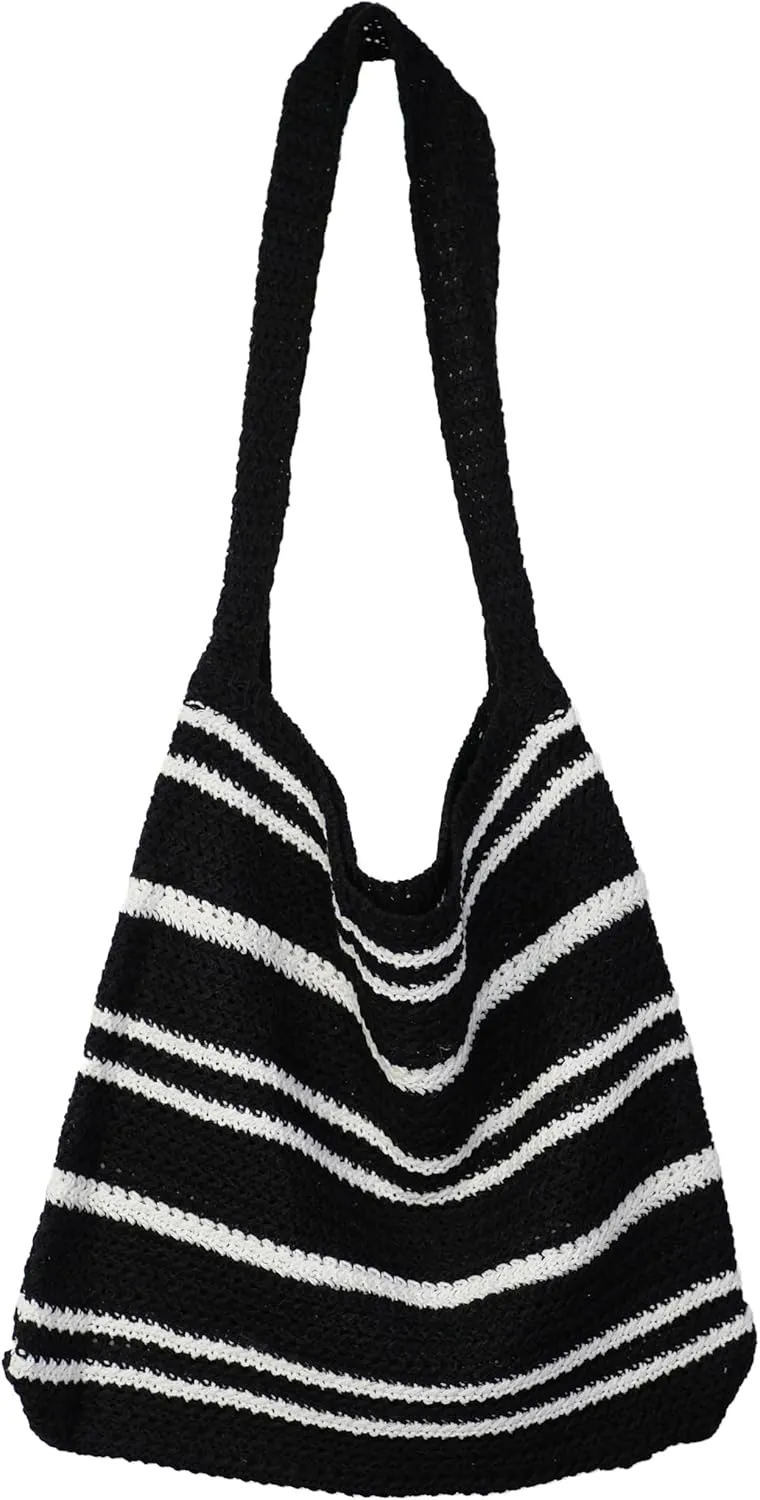 Crochet Tote Bag for Women, Stripe Aesthetic Knitted Tote Bag Shoulder Bag Handbag