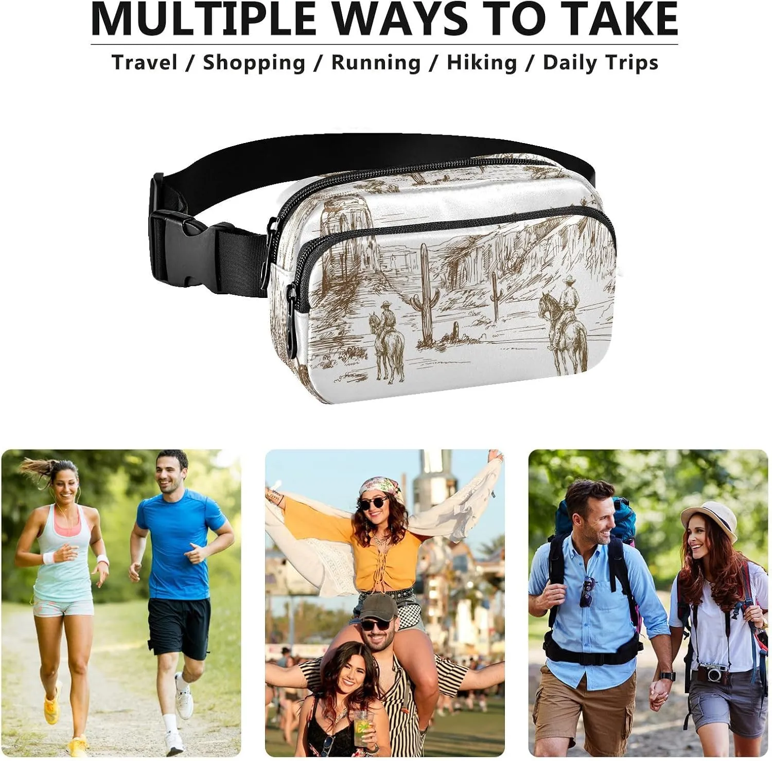Cross Body Fanny Pack for Women Cowboys Belt Bag Waterproof Fashion Waist Pack with Adjustable Strap Wild West Desert Waist Bag Hip Bumbags for Running Workout Travel Hiking Cycling