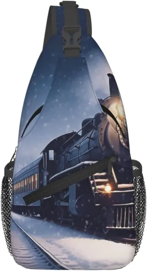 Cross Chest Bag for Men Women Crossbody Backpack Winter Christmas Snow Night Railway Train Sling Bag Travel Hiking Daypack