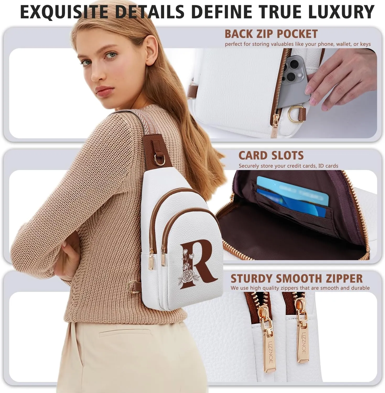 Crossbody Bag for Women Leather Sling Bags with Initial Letter Fanny Pack Chest Bag for Travel, Gift for Mom Wife