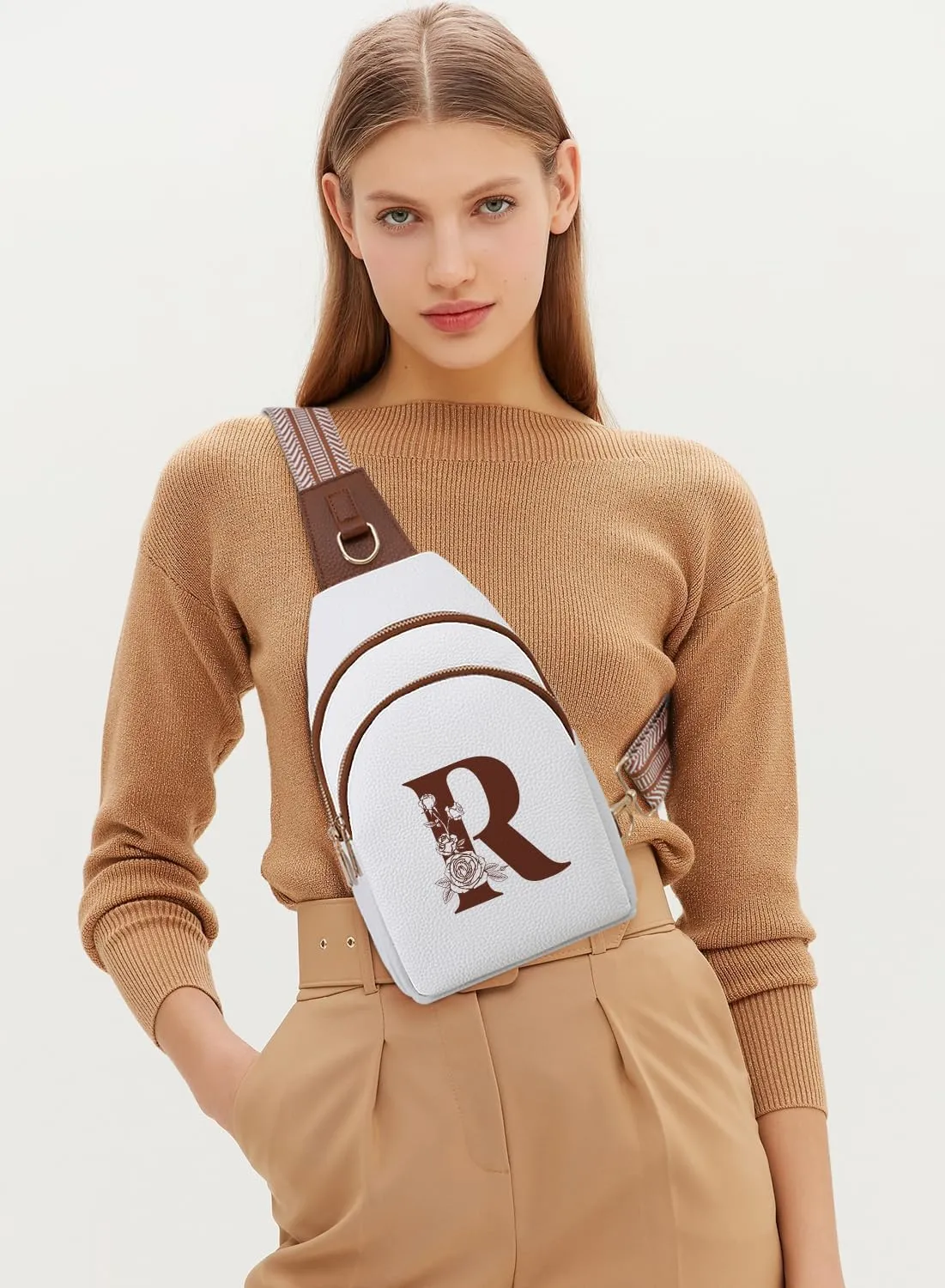 Crossbody Bag for Women Leather Sling Bags with Initial Letter Fanny Pack Chest Bag for Travel, Gift for Mom Wife