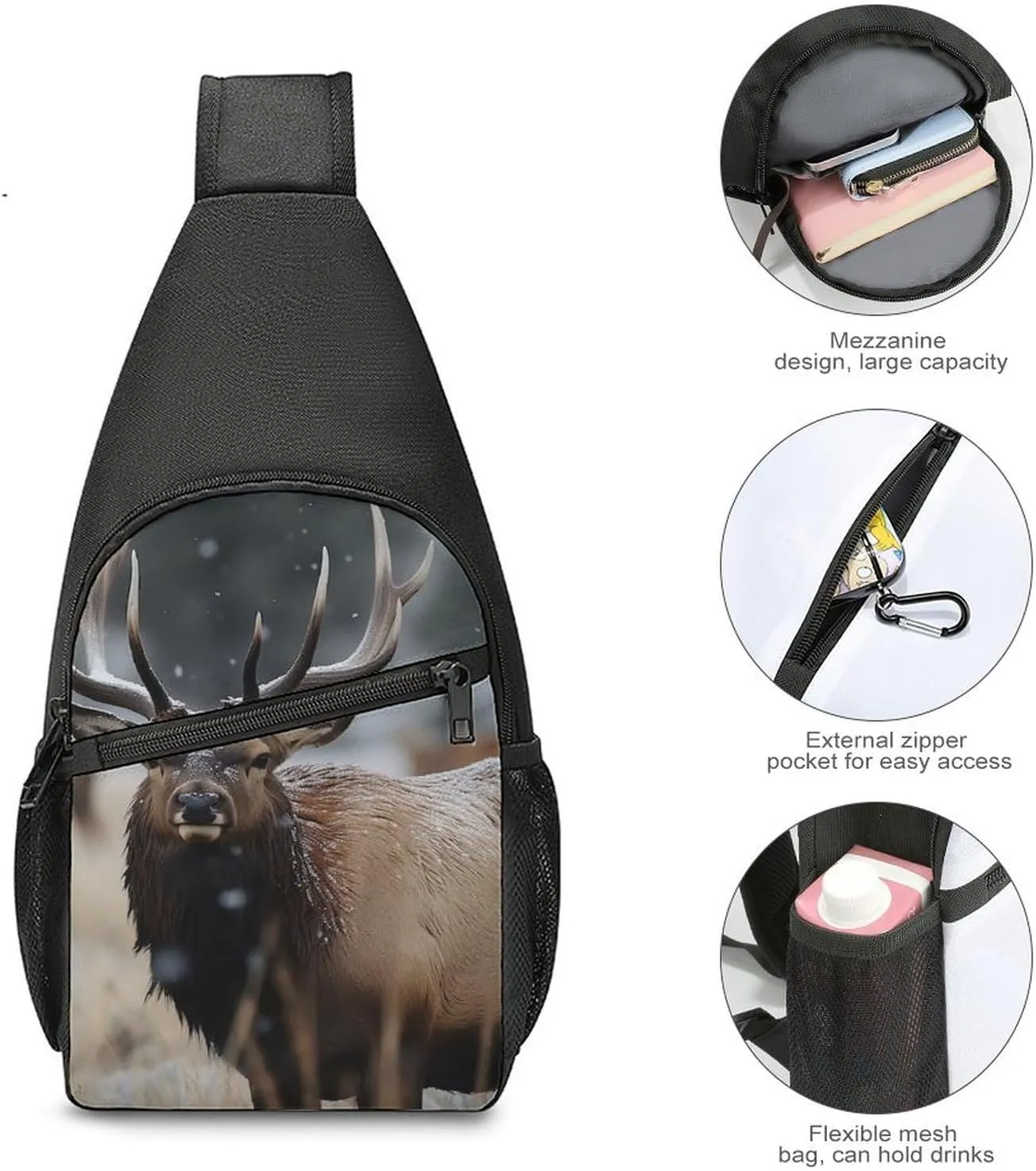 Crossbody Bag for Women Men Sling Bag Wild Elk Chest Bag Crossbody Adjustable Shoulder Bag