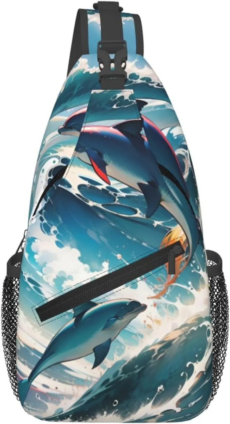 Crossbody Bags for Men Women, Mens Shoulder Sling Bag Backpack Daypack, Casual Chest Bag Fanny Pack Purse with Adjustable Strap for Travel Hiking Shopping, Dolphins Leap Out Sea