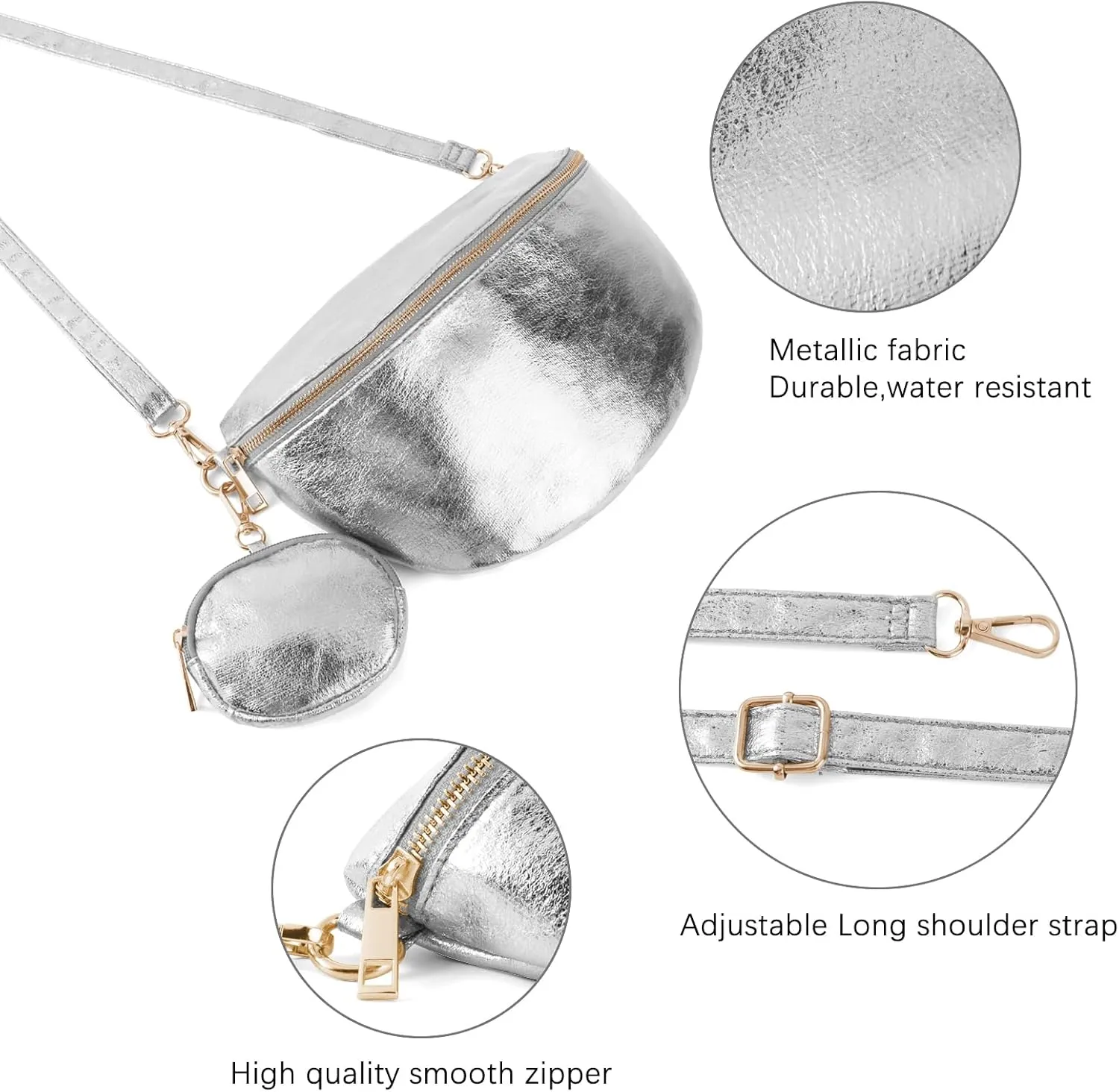 Crossbody Bags for Women Fashion Sling Purse Shoulder Bag Fanny Pack Leather Causal Chest Bum Bag Cross Body Purse (Silver)