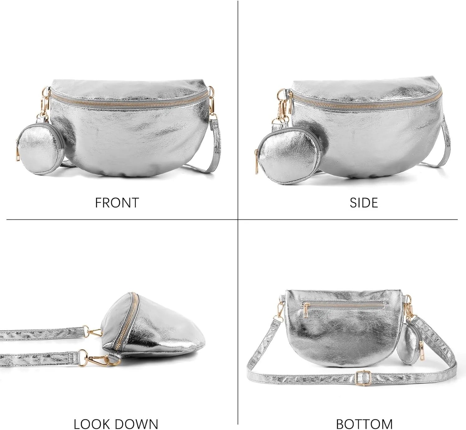 Crossbody Bags for Women Fashion Sling Purse Shoulder Bag Fanny Pack Leather Causal Chest Bum Bag Cross Body Purse (Silver)