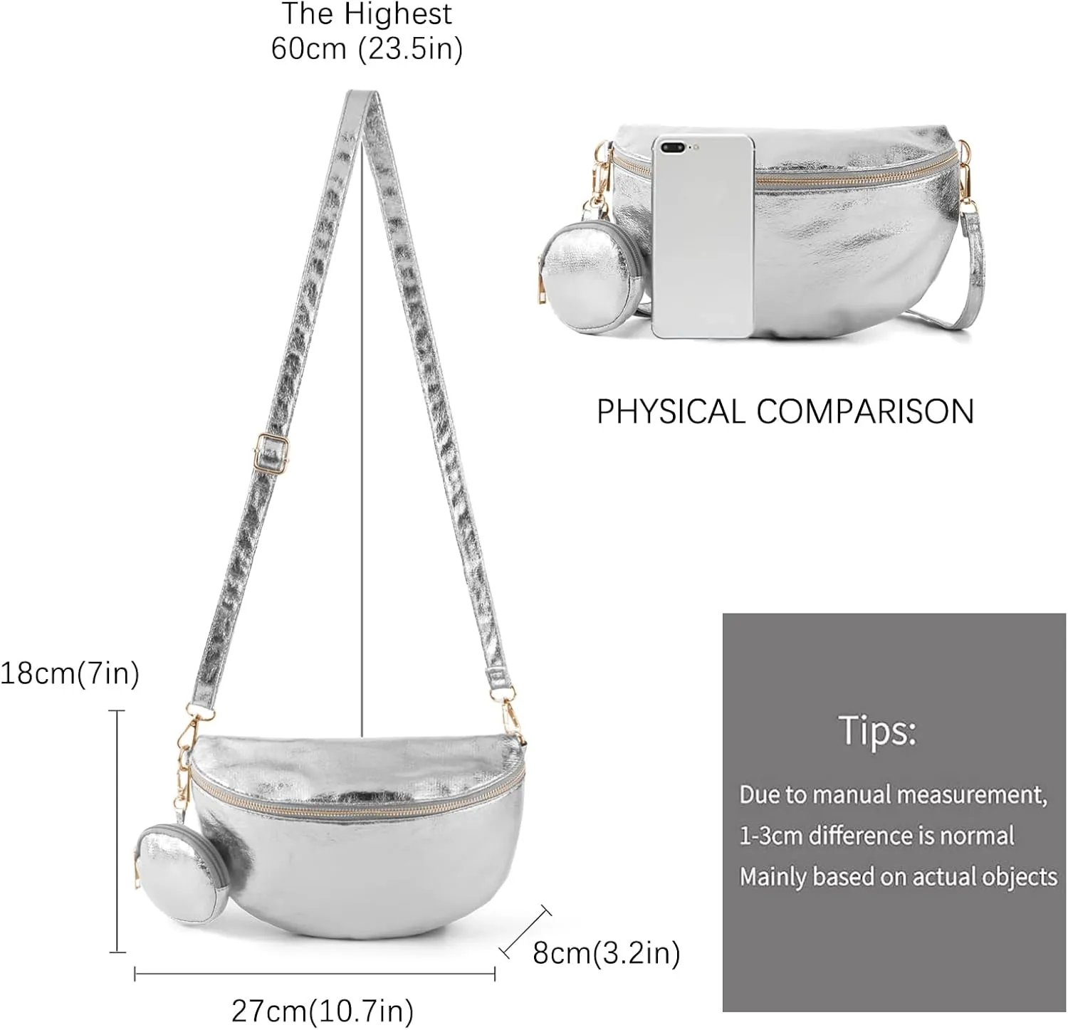 Crossbody Bags for Women Fashion Sling Purse Shoulder Bag Fanny Pack Leather Causal Chest Bum Bag Cross Body Purse (Silver)