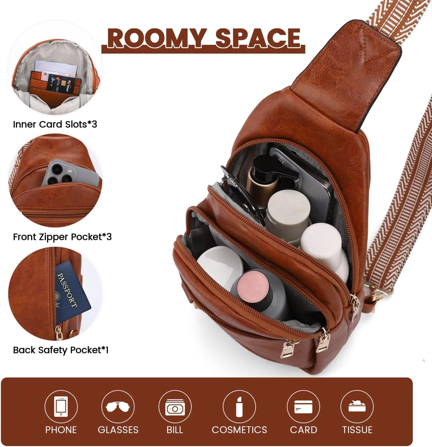 Crossbody Bags for Women Sling Bag Crossbody Fanny Pack Chest Bag Sling Backpack Daypack Travel Purse Anti Theft,Vegan Faux Leather - Brown