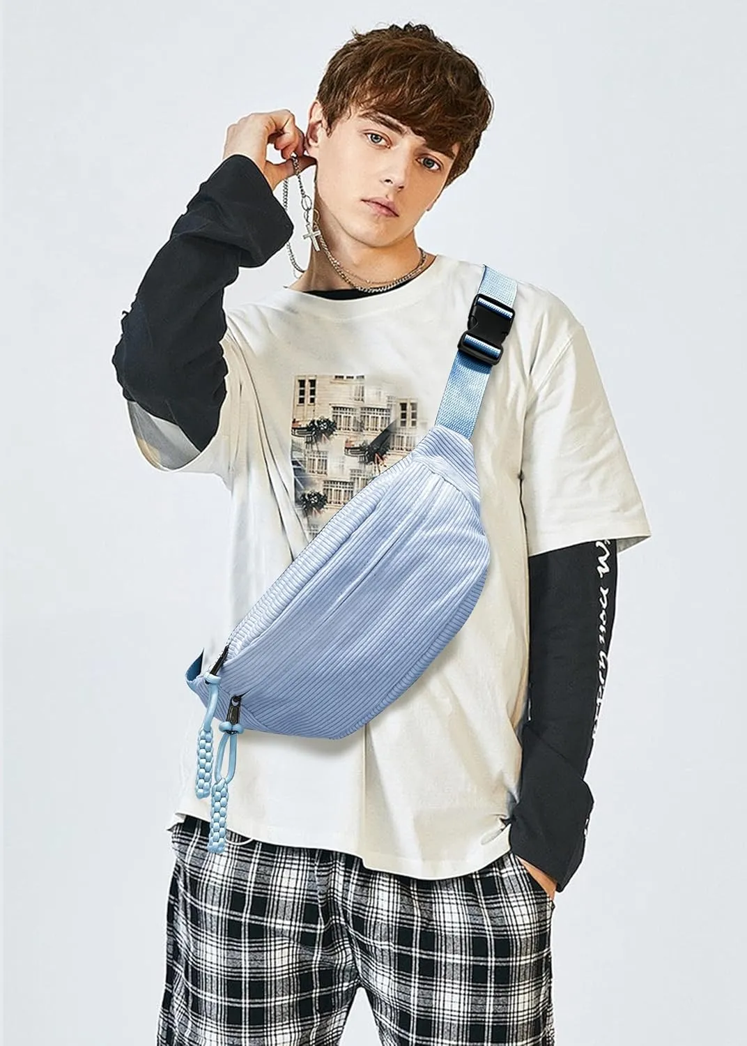 Crossbody Panny Pack Corduroy Sling Bag Casual Chest Bags Multi Zip Pockets with Adjustable Shoulder Straps for Women and Men