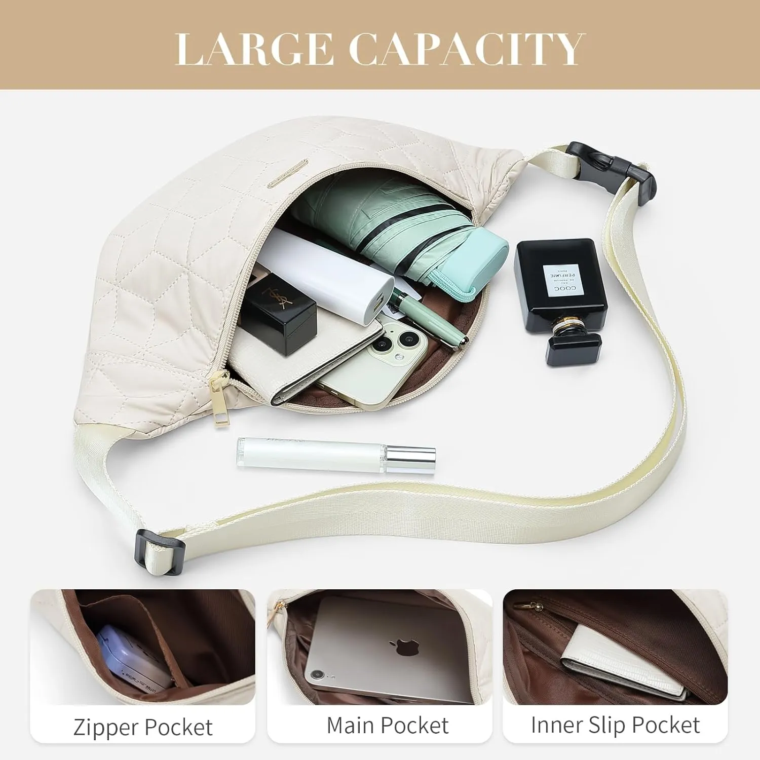 Crossbody Sling Bag for Women，Large Capacity Crossbody Chest Bag with Adjustable Shoulder Strap Fashion Shoulder Bags for Ladies Water-resistant Sling Backpack for Travel Work Outdoors, Beige
