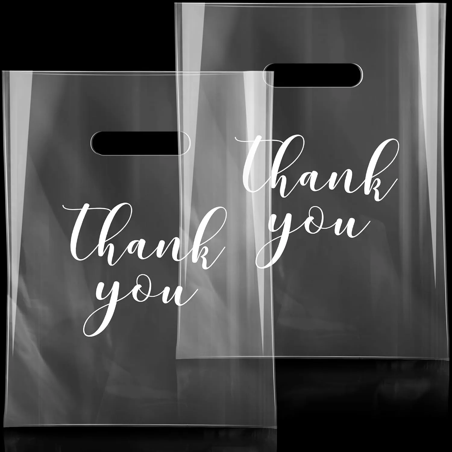 Crtiin 100 Pcs Thick Clear Thank You Bags with Die Cut Handles 9 x 12 Inch Durable Merchandise Bags Plastic Shopping Bag for Small Business Clothing Trade Show Packaging Retail Boutique Stores