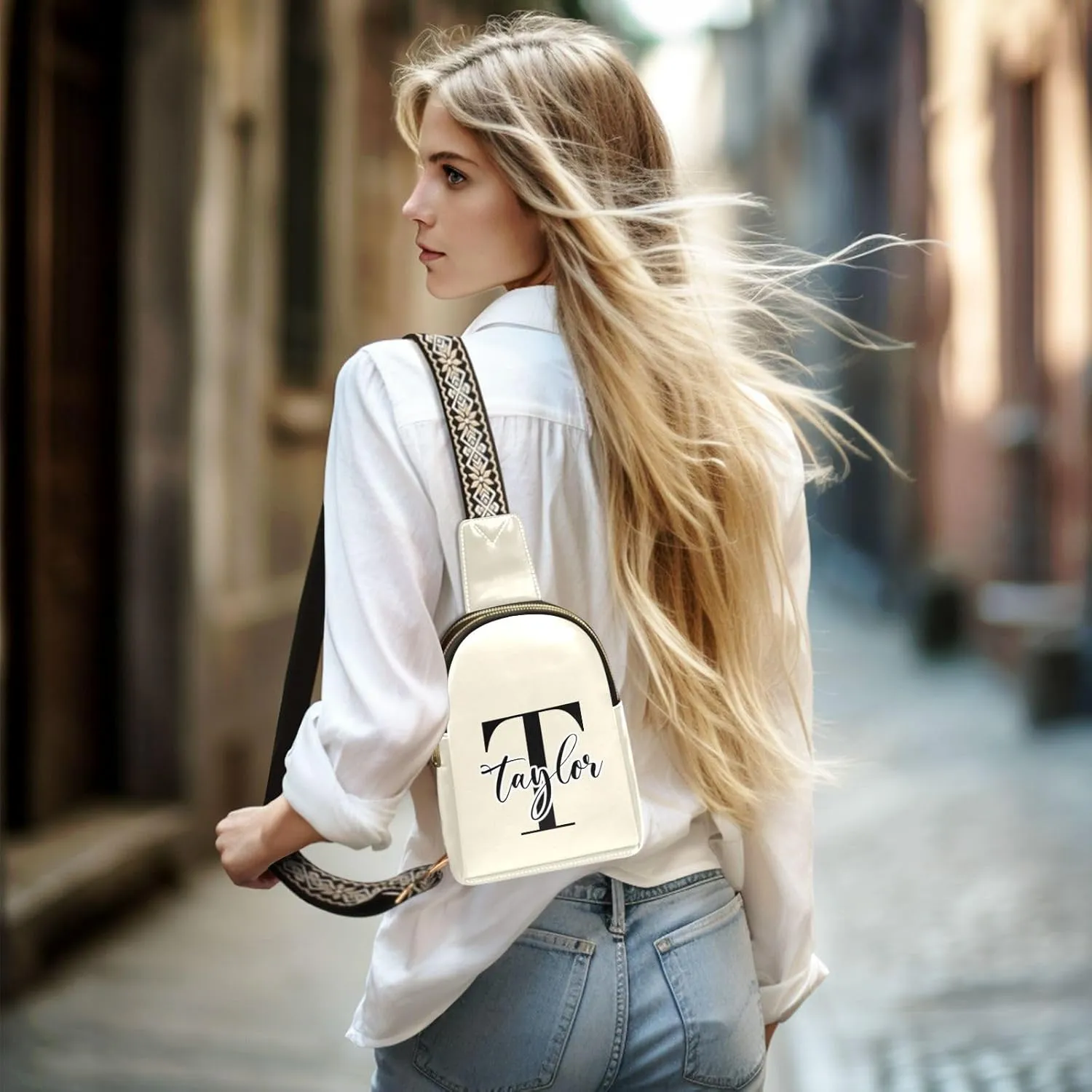 Custom Beige Sling Bag for Women Personalized Leather Crossbody Bags Cross Body Fanny Pack Purse Fanny Packs Purse with Adjustable Strap for Women Teen