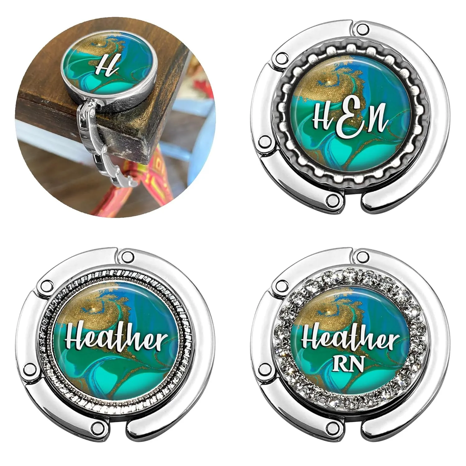 Custom Green Gold Swirl Foldable Purse Hook - Women's Bag Hanger for Table or Desk Personalized with Name, Monogram - Bridesmaid Wedding Favor Gift