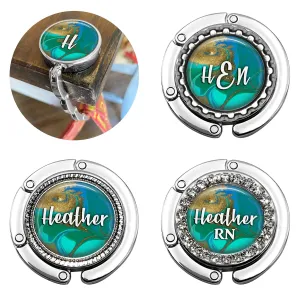 Custom Green Gold Swirl Foldable Purse Hook - Women's Bag Hanger for Table or Desk Personalized with Name, Monogram - Bridesmaid Wedding Favor Gift