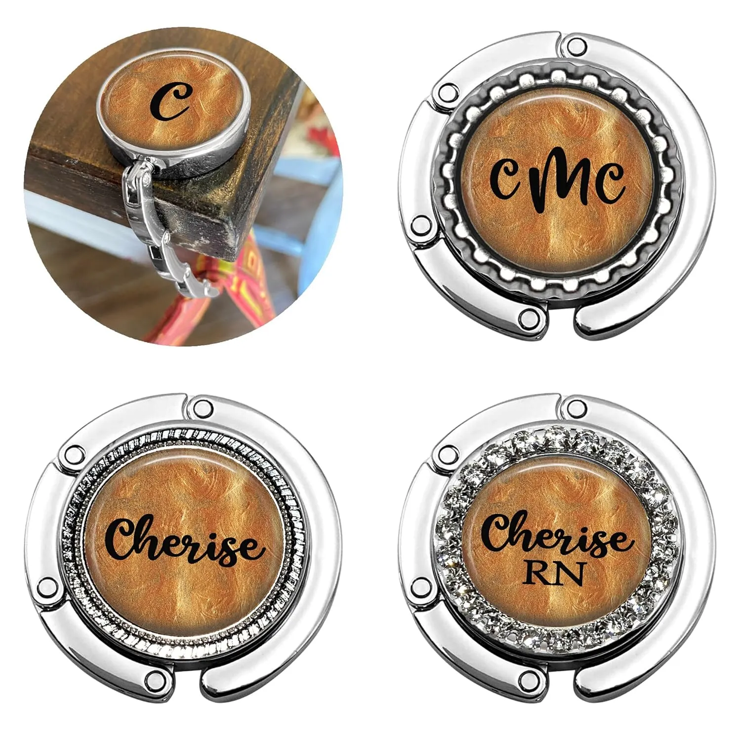 Custom Liquid Gold Foldable Purse Hook - Women's Bag Hanger for Table or Desk Personalized with Name, Monogram - Bridesmaid Wedding Favor Gift