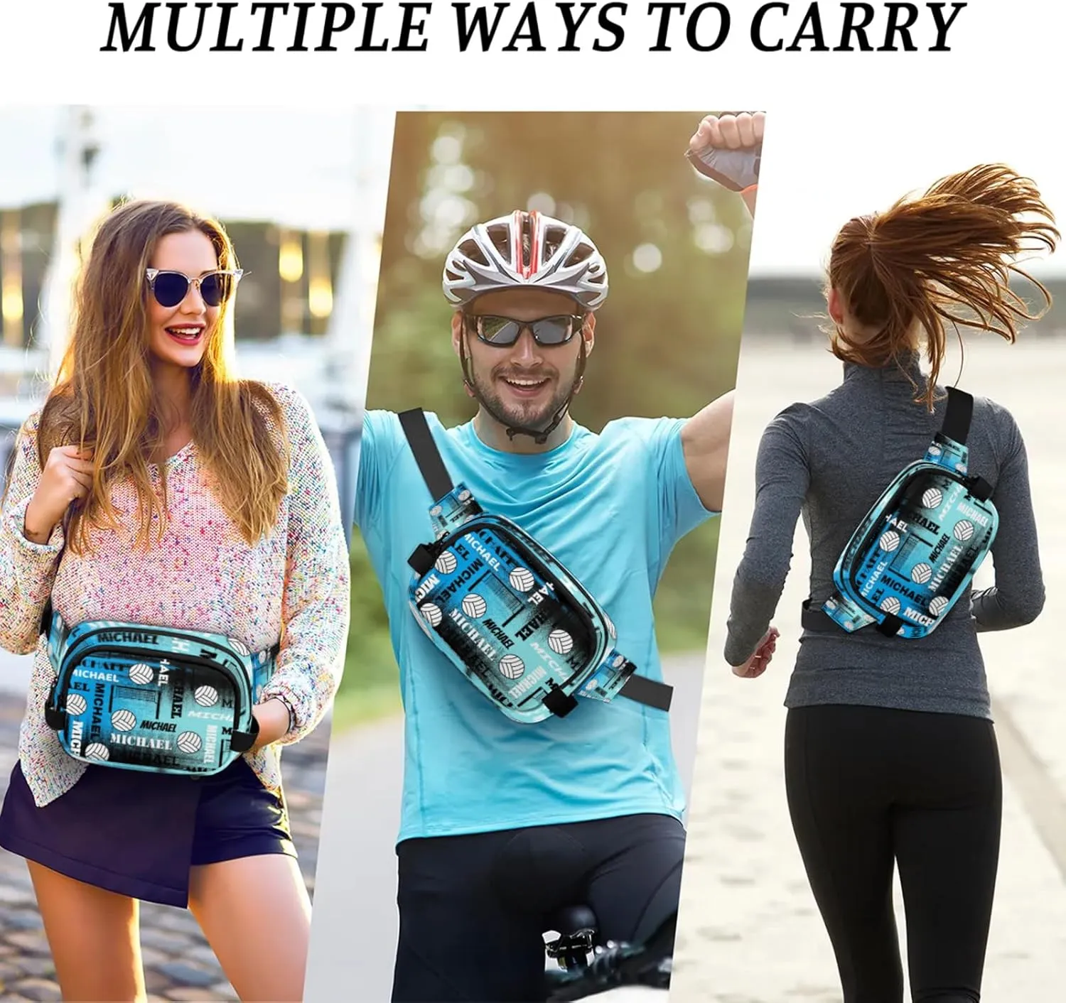 Custom Name Volleyball Waist Packs for Women Men, Personalized Belt Bag Crossbody Fanny Pack with Adjustable Strap for Sports Workout Traveling, Blue