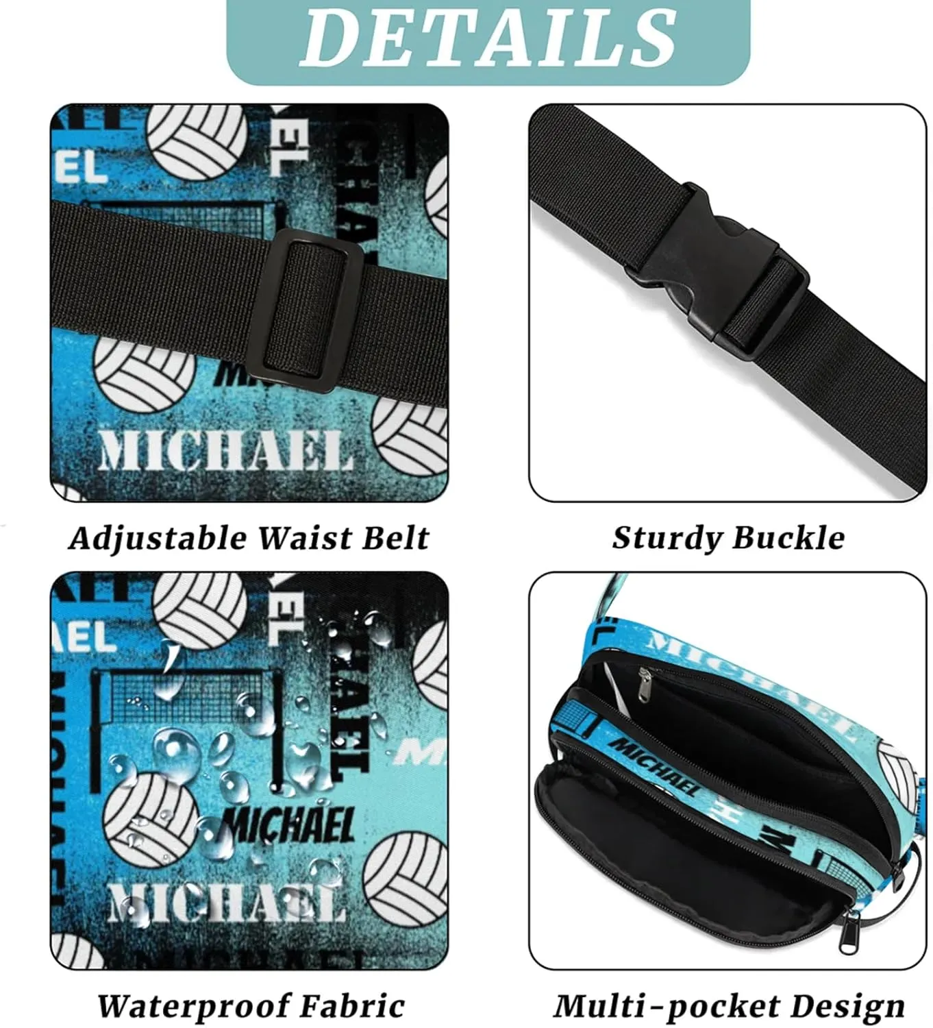 Custom Name Volleyball Waist Packs for Women Men, Personalized Belt Bag Crossbody Fanny Pack with Adjustable Strap for Sports Workout Traveling, Blue