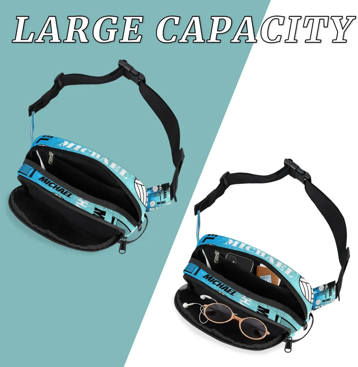 Custom Name Volleyball Waist Packs for Women Men, Personalized Belt Bag Crossbody Fanny Pack with Adjustable Strap for Sports Workout Traveling, Blue