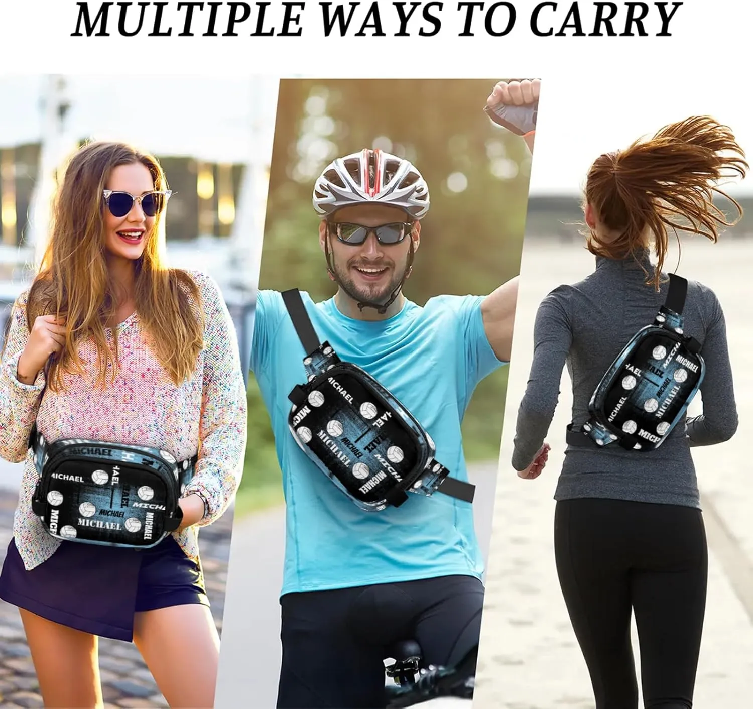 Custom Name Volleyball Waist Packs for Women Men, Personalized Fanny Pack Crossbody Belt Bag with Adjustable Strap for Sports Workout, Blue Black