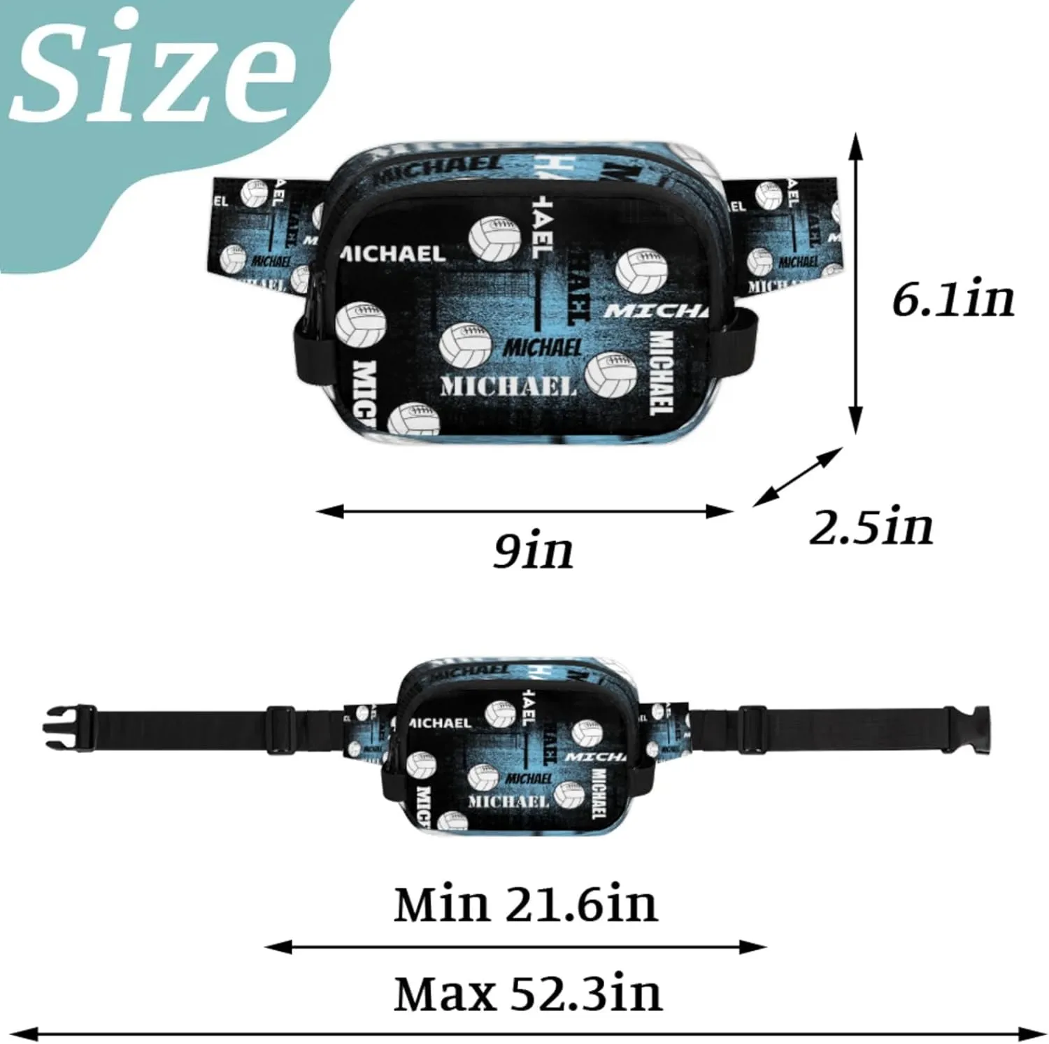 Custom Name Volleyball Waist Packs for Women Men, Personalized Fanny Pack Crossbody Belt Bag with Adjustable Strap for Sports Workout, Blue Black