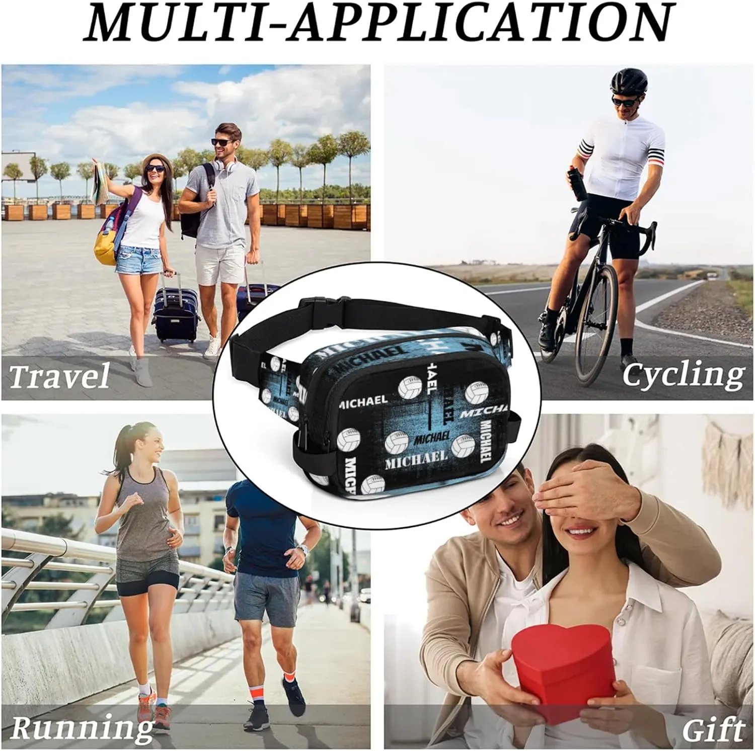 Custom Name Volleyball Waist Packs for Women Men, Personalized Fanny Pack Crossbody Belt Bag with Adjustable Strap for Sports Workout, Blue Black