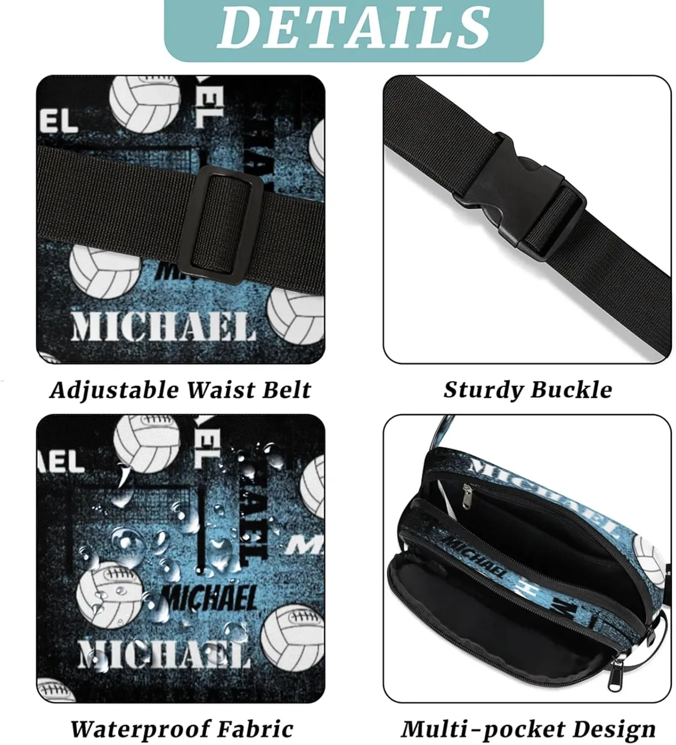 Custom Name Volleyball Waist Packs for Women Men, Personalized Fanny Pack Crossbody Belt Bag with Adjustable Strap for Sports Workout, Blue Black