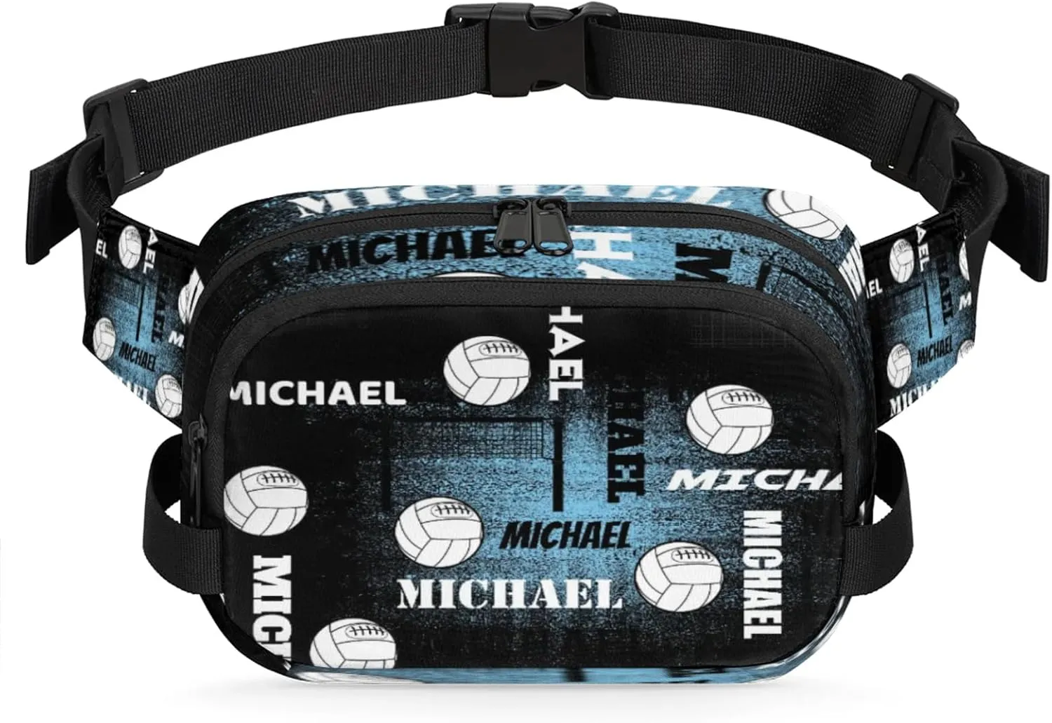 Custom Name Volleyball Waist Packs for Women Men, Personalized Fanny Pack Crossbody Belt Bag with Adjustable Strap for Sports Workout, Blue Black