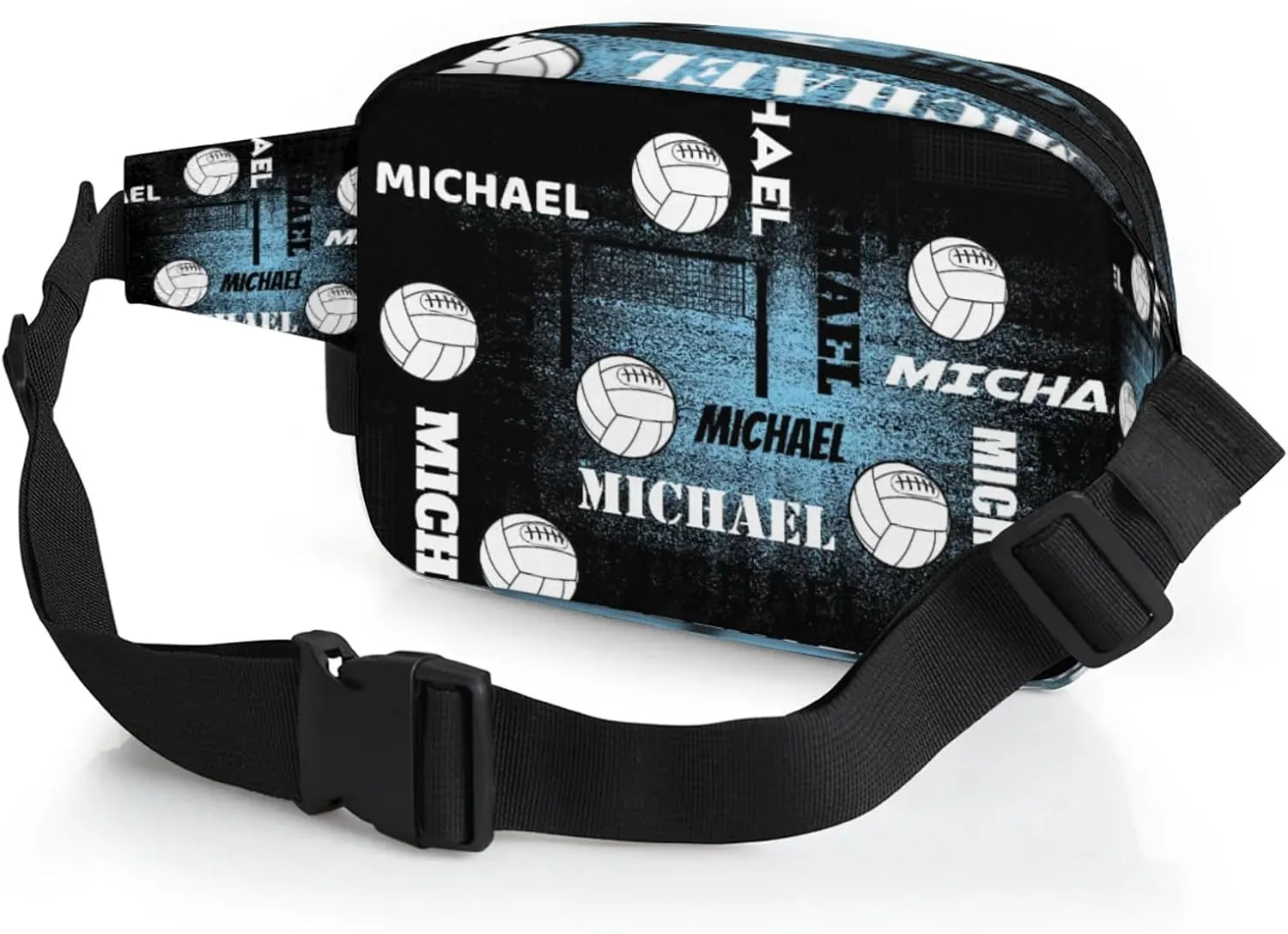 Custom Name Volleyball Waist Packs for Women Men, Personalized Fanny Pack Crossbody Belt Bag with Adjustable Strap for Sports Workout, Blue Black