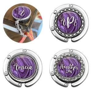 Custom Purple Swirls Foldable Purse Hook - Women's Bag Hanger for Table or Desk Personalized with Name, Monogram - Bridesmaid Wedding Favor Gift