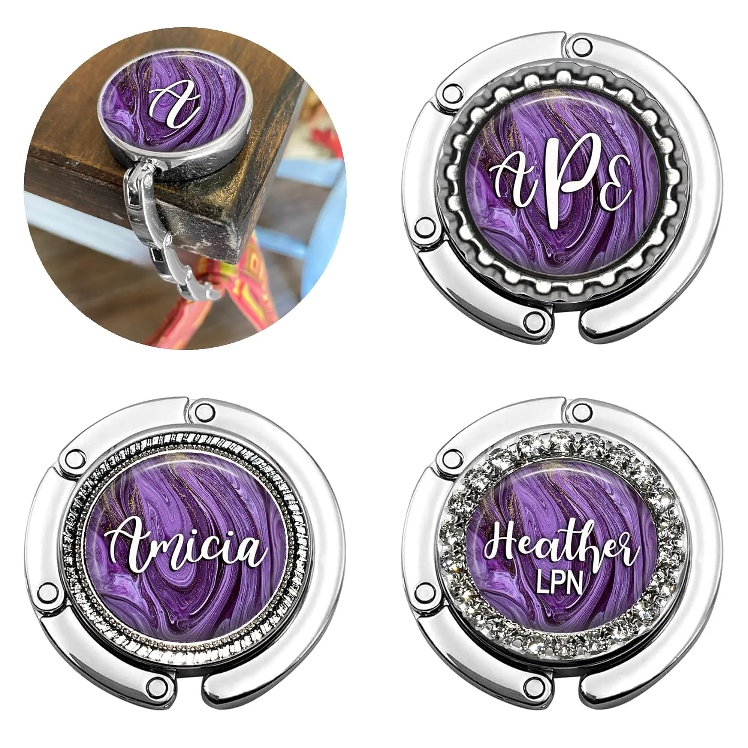Custom Purple Swirls Foldable Purse Hook - Women's Bag Hanger for Table or Desk Personalized with Name, Monogram - Bridesmaid Wedding Favor Gift