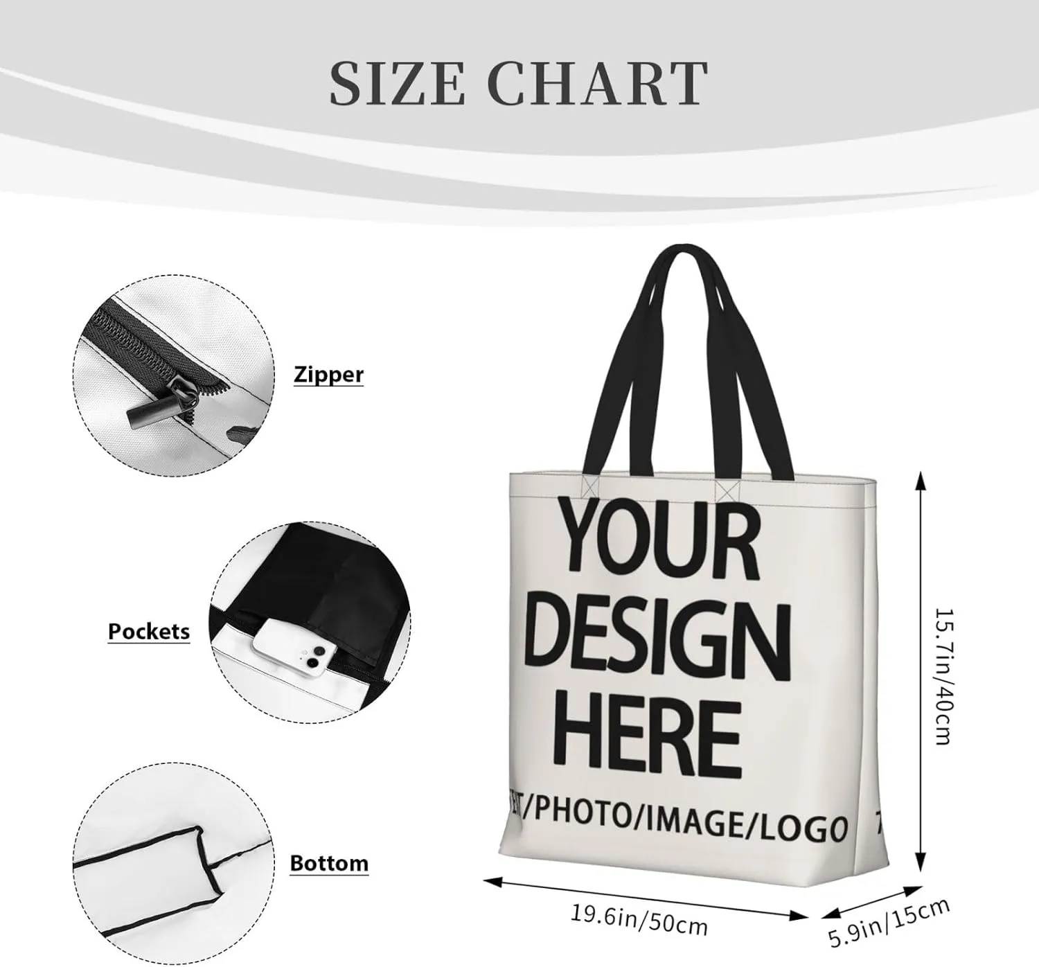 Custom Tote Bag Design Your Own Text/Photo/Logo Printed, Personalized Shoulder Handbag Large Capacity for Men/Women