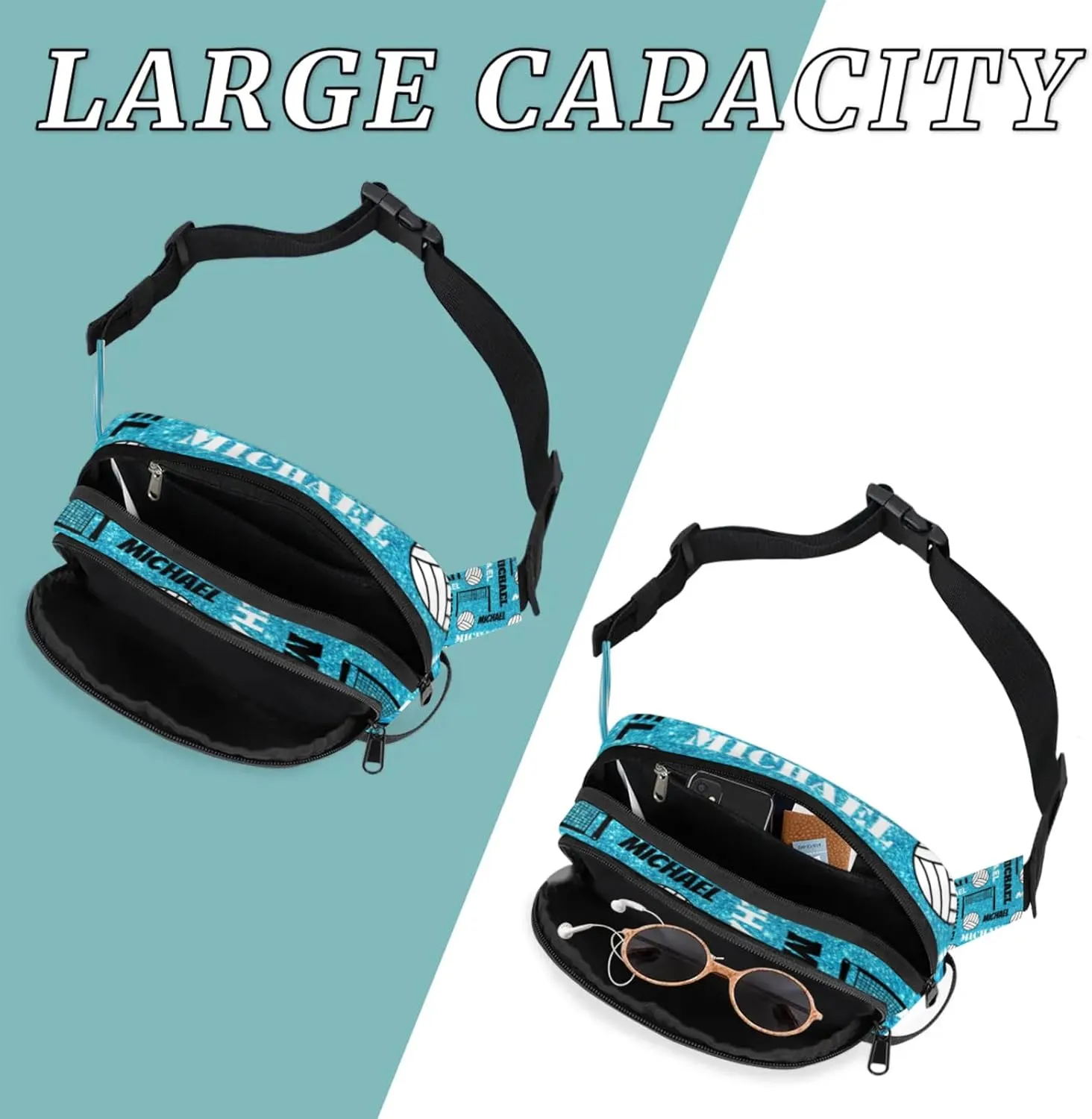 Custom Volleyball Waist Packs for Women Men, Personalized Name Belt Bag Crossbody Fanny Pack with Adjustable Strap for Sports Workout Traveling, Blue Glitter