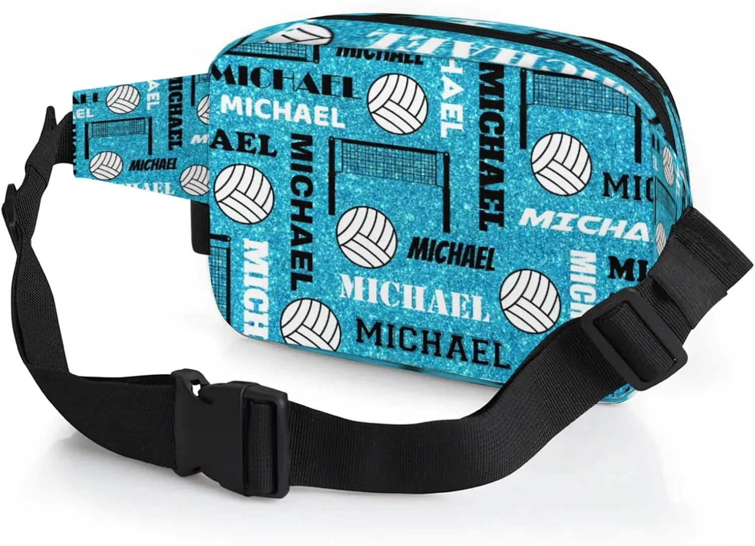 Custom Volleyball Waist Packs for Women Men, Personalized Name Belt Bag Crossbody Fanny Pack with Adjustable Strap for Sports Workout Traveling, Blue Glitter