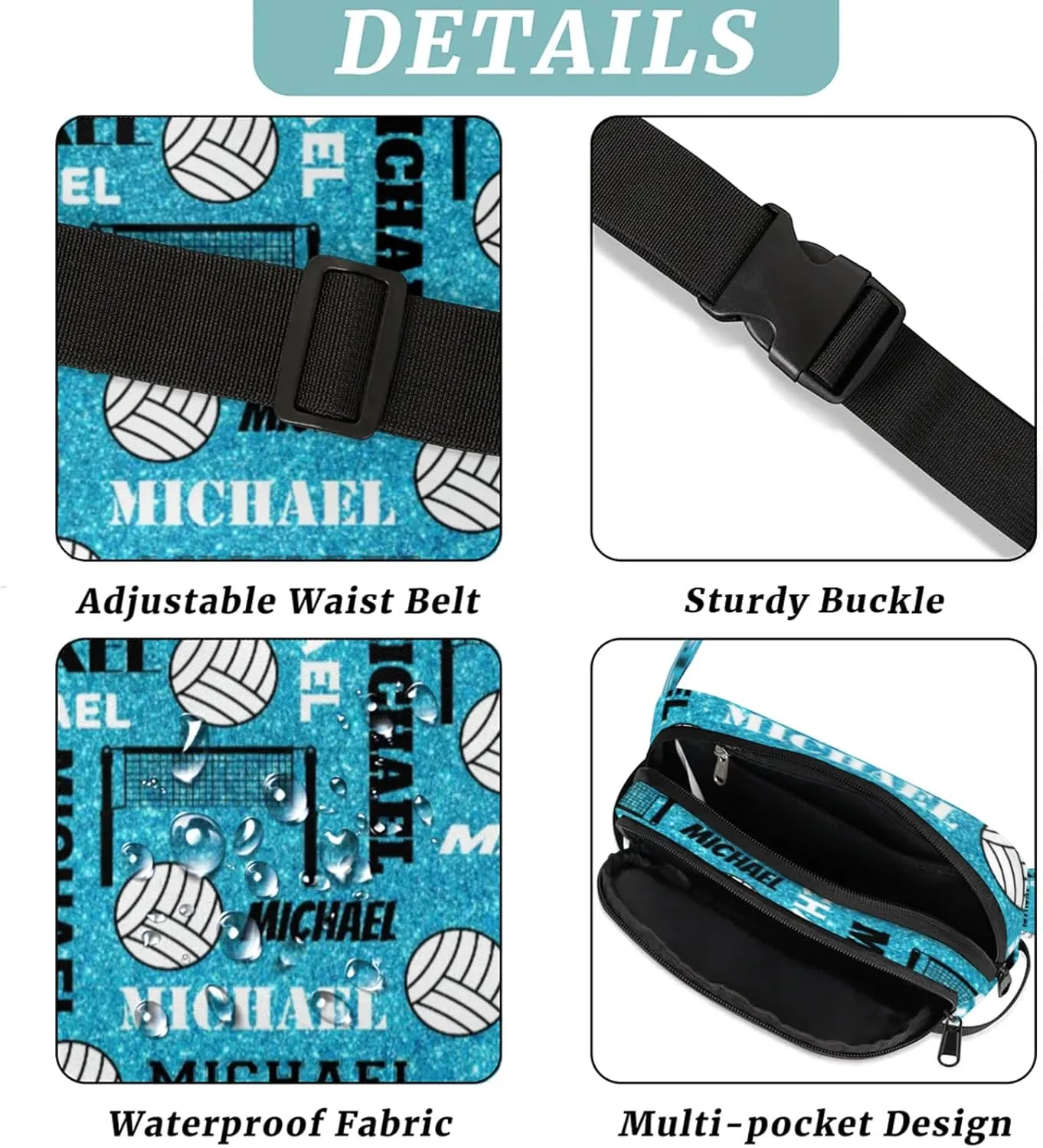 Custom Volleyball Waist Packs for Women Men, Personalized Name Belt Bag Crossbody Fanny Pack with Adjustable Strap for Sports Workout Traveling, Blue Glitter