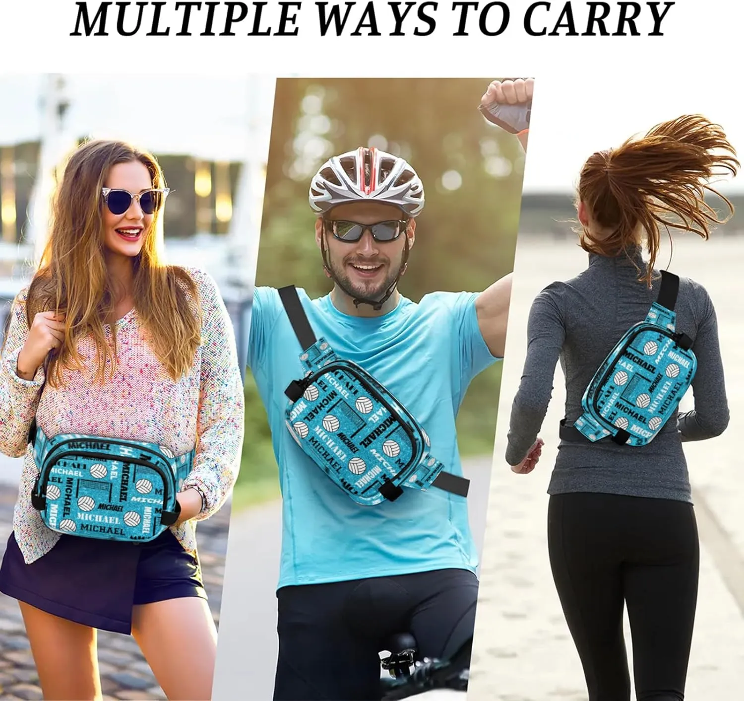 Custom Volleyball Waist Packs for Women Men, Personalized Name Belt Bag Crossbody Fanny Pack with Adjustable Strap for Sports Workout Traveling, Blue Glitter