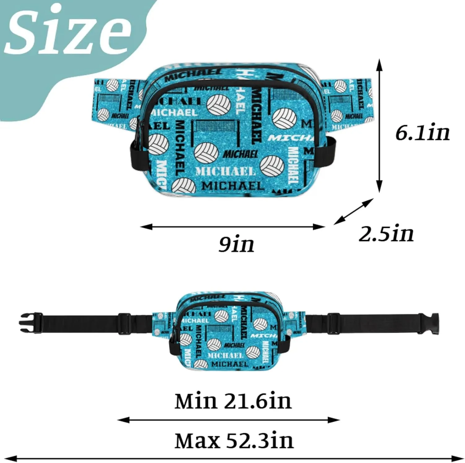 Custom Volleyball Waist Packs for Women Men, Personalized Name Belt Bag Crossbody Fanny Pack with Adjustable Strap for Sports Workout Traveling, Blue Glitter