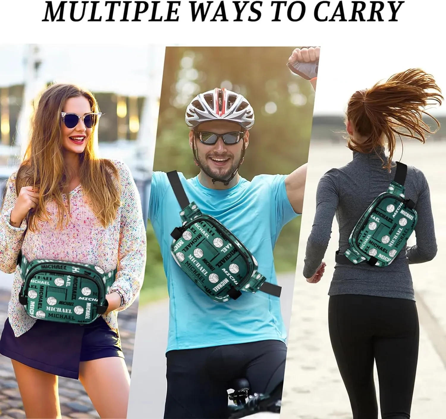 Custom Volleyball Waist Packs for Women Men, Personalized Name Fanny Pack Crossbody Belt Bag with Adjustable Strap for Sports Workout Traveling, Dark Green Blue