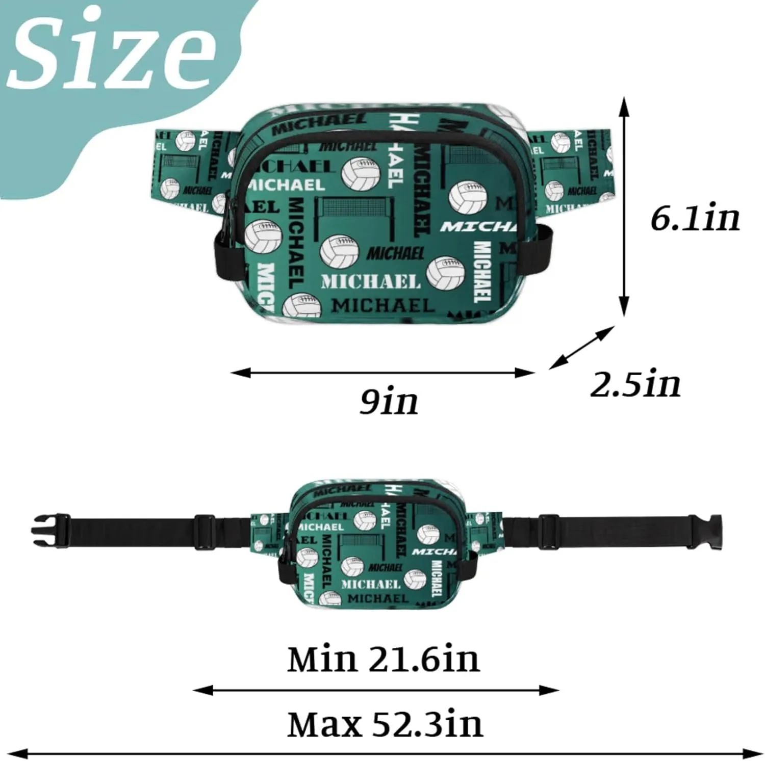 Custom Volleyball Waist Packs for Women Men, Personalized Name Fanny Pack Crossbody Belt Bag with Adjustable Strap for Sports Workout Traveling, Dark Green Blue