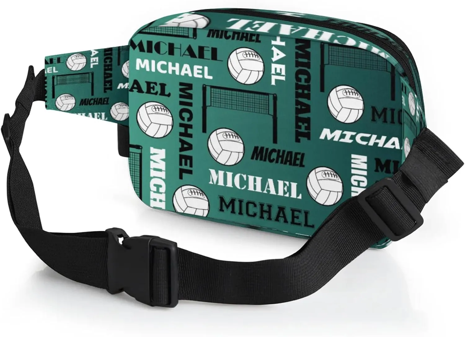Custom Volleyball Waist Packs for Women Men, Personalized Name Fanny Pack Crossbody Belt Bag with Adjustable Strap for Sports Workout Traveling, Dark Green Blue