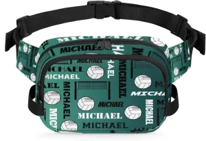 Custom Volleyball Waist Packs for Women Men, Personalized Name Fanny Pack Crossbody Belt Bag with Adjustable Strap for Sports Workout Traveling, Dark Green Blue