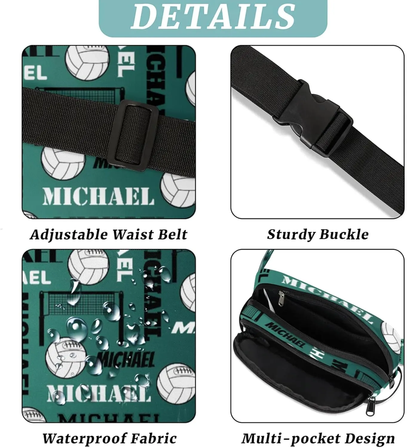 Custom Volleyball Waist Packs for Women Men, Personalized Name Fanny Pack Crossbody Belt Bag with Adjustable Strap for Sports Workout Traveling, Dark Green Blue