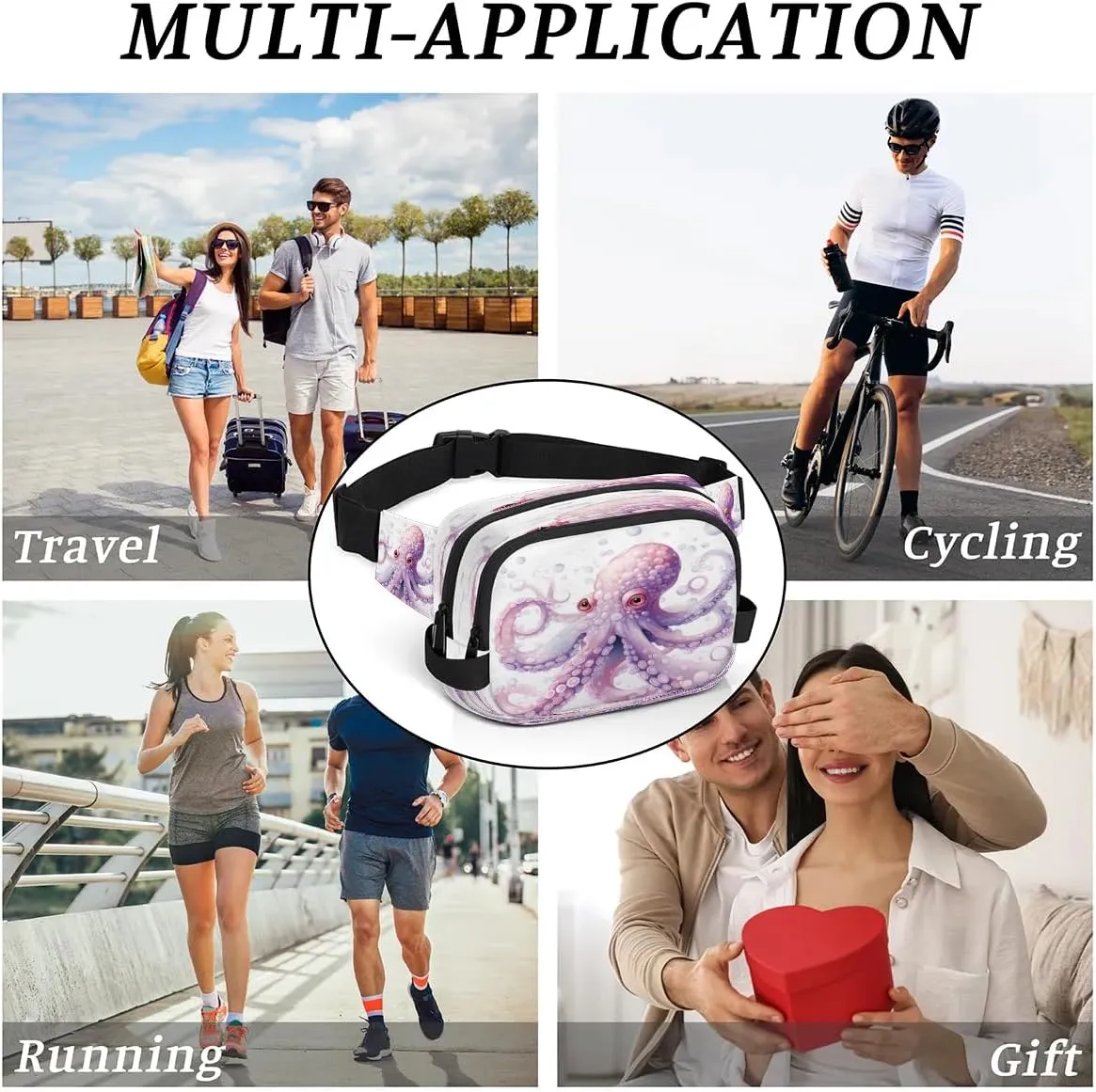 Cute Bubble Octopus Men's and Women's Waist Pack Crossbody Watercolor Octopus Waist Pack Running Strap, Adjustable Shoulder Strap - For Hiking and Running Exercise Fitness