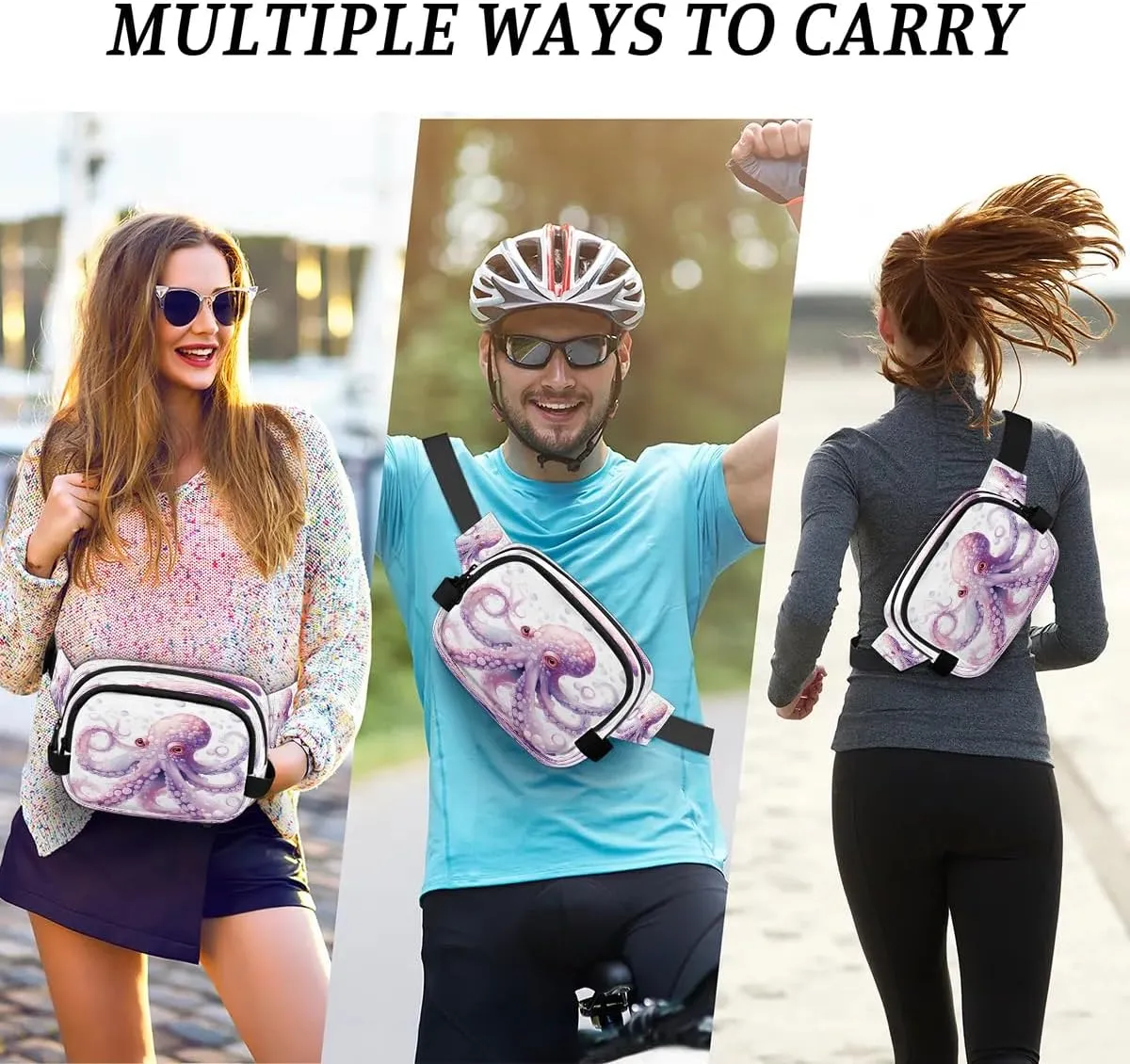 Cute Bubble Octopus Men's and Women's Waist Pack Crossbody Watercolor Octopus Waist Pack Running Strap, Adjustable Shoulder Strap - For Hiking and Running Exercise Fitness